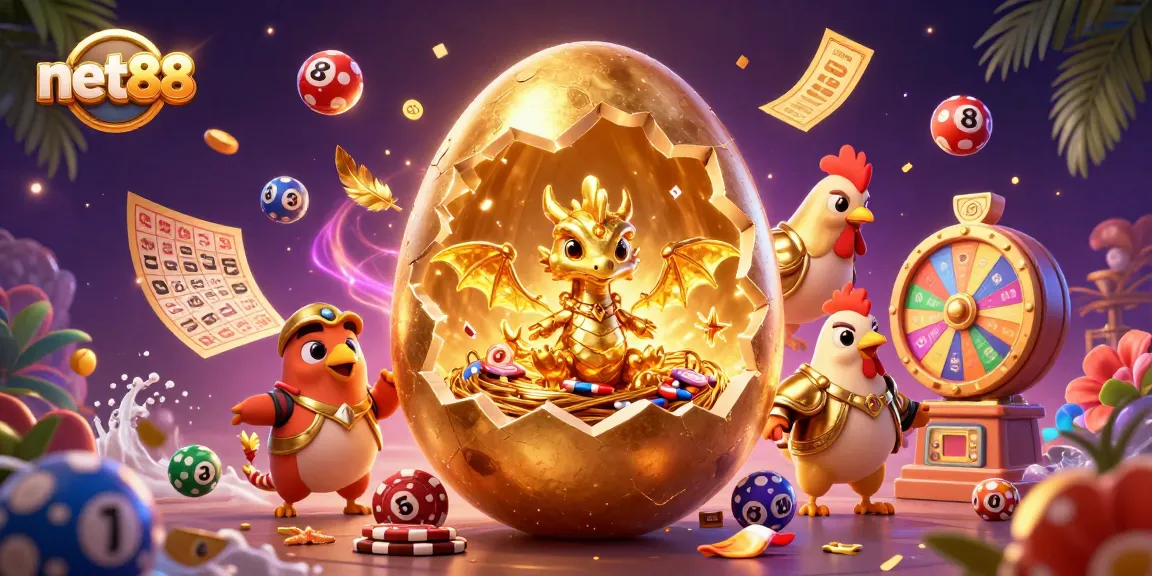 Experience the excitement of net88 with a dynamic illustration of a golden dragon amidst casino elements.