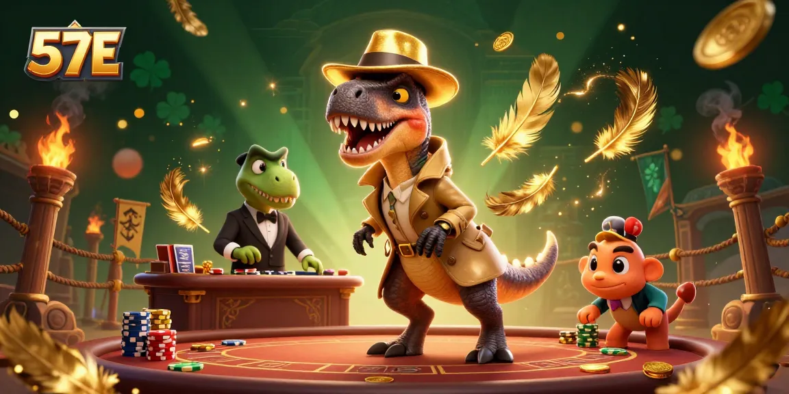 Experience thrilling action at the 57E casino with a velociraptor card counter and stegosaurus pit boss.