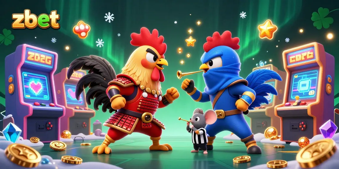Join the action at zbet with fighting roosters in a vibrant casino-themed illustration.