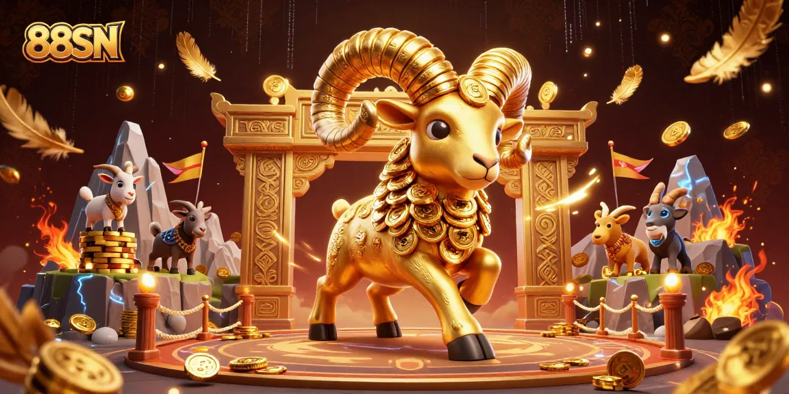 Experience thrilling gameplay at 88SN with stunning visuals of a golden ram breaking through a casino gate.