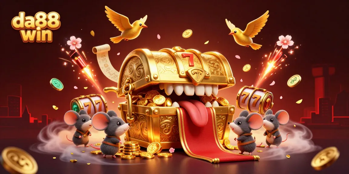 Experience the excitement of da88 win with a vibrant 3D casino illustration showcasing treasures and gaming elements.