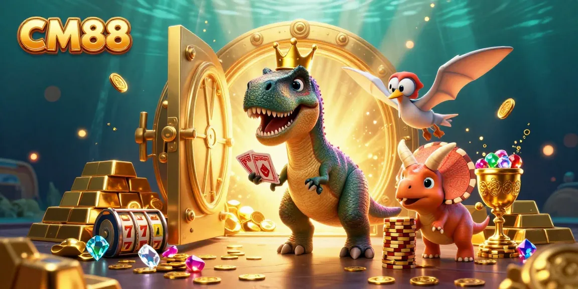 Engage with CM88 as T-Rex shuffles cards and baby triceratops stacks golden chips in a vibrant casino.