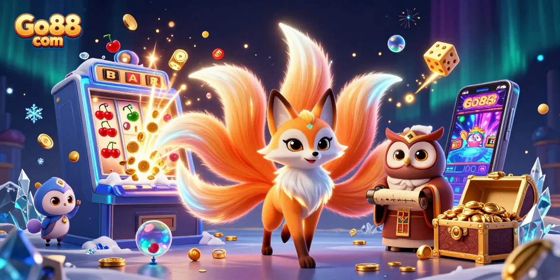 Experience top-tier gaming action with Go88 com as a vibrant nine-tailed fox spirit shines brightly amidst scattered casino symbols.