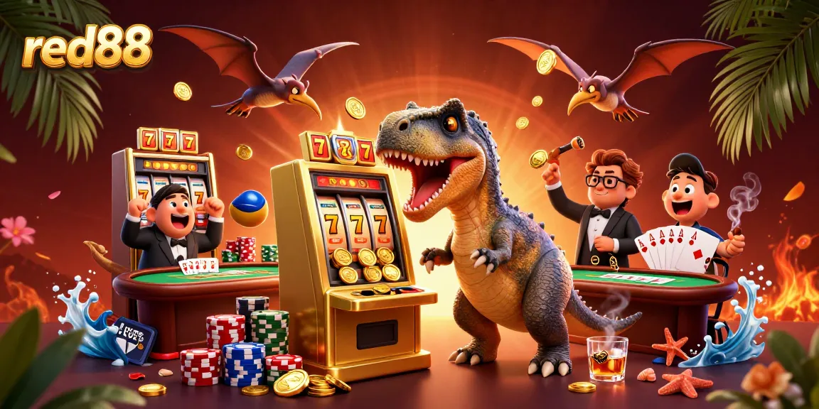 red88 showcases a cartoon dinosaur winning jackpot coins from a slot machine in a vibrant casino scene