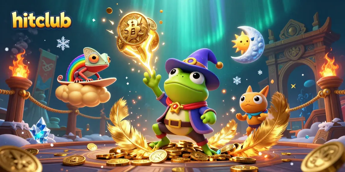 Experience hitclub's thrilling golden coin storm with wizard frog and chameleon in a vibrant 3D casino scene.