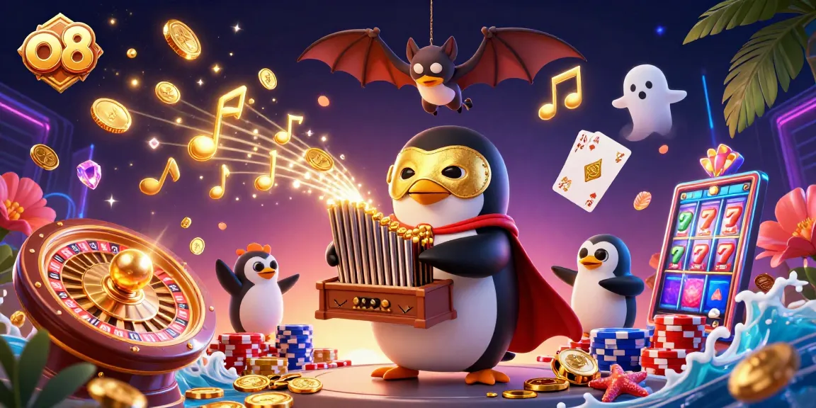 Engage in thrilling gameplay at o8, where a penguin organist releases golden coins amidst an energetic casino scene.