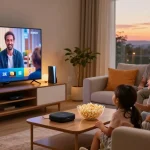 Família assistindo TV em um ambiente aconchegante com bestbraziliptv.