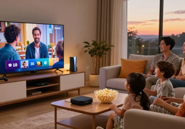 Família assistindo TV em um ambiente aconchegante com bestbraziliptv.