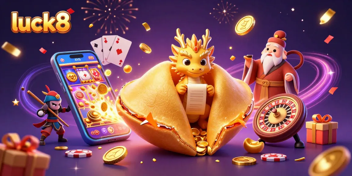 Experience luck8's vibrant gaming world filled with golden fortune cookies and dynamic slot games.