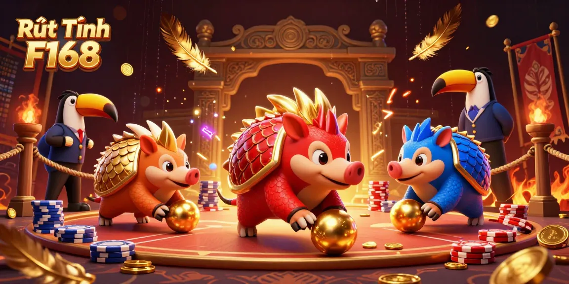 Rút Tiền F168 showcases rival pangolins in an action-packed gambling scene with vibrant casino elements.