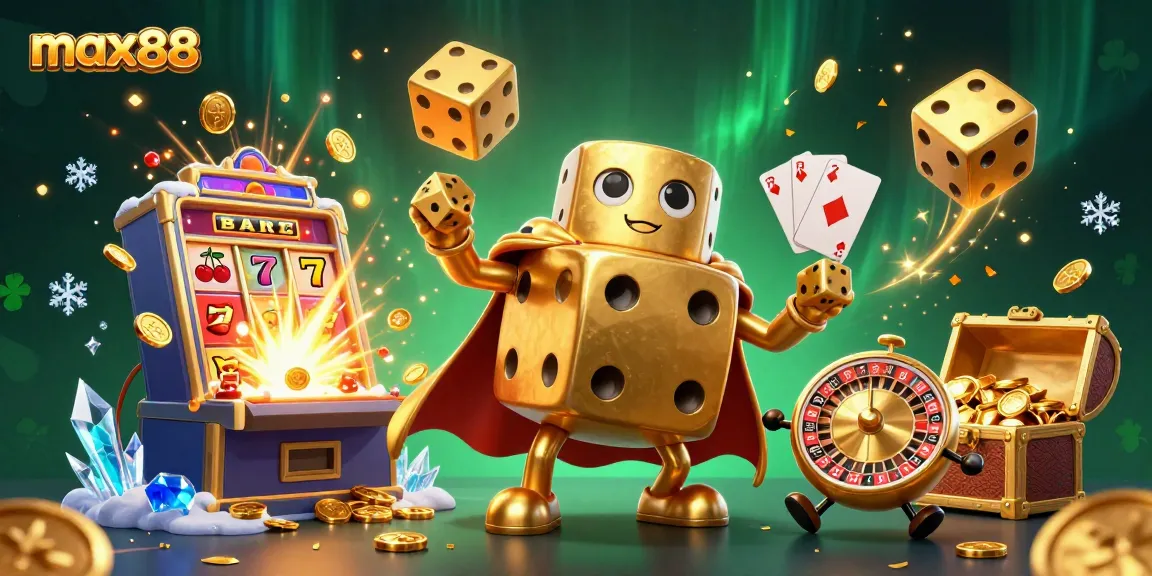 Max88 slot machine jackpot scene with golden dice and gaming elements exploding into action.