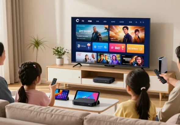 Família escolhendo conteúdo de IPTV na sala de estar moderna
