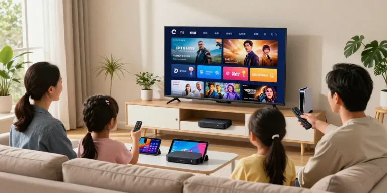 Família escolhendo conteúdo de IPTV na sala de estar moderna